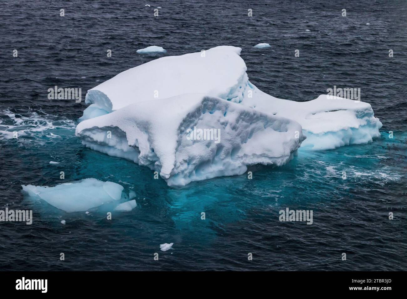 Iceberg galleggiante vicino alla penisola antartica. Ghiaccio blu; la parte inferiore dell'iceberg può essere vista sotto l'acqua. Foto Stock