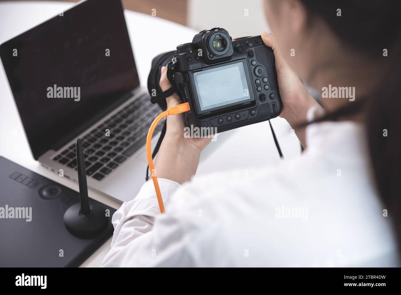 Fotografa, blogger che rivede le foto scattate con la sua fotocamera utilizzando un notebook Foto Stock