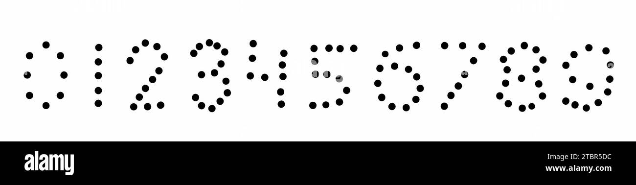 Cerchio shot buchi dei punti cifre nere numeri font da 0 a 9 raccolta di font. Illustrazione vettoriale in stile doodle disegnato a mano isolato su sfondo bianco Illustrazione Vettoriale