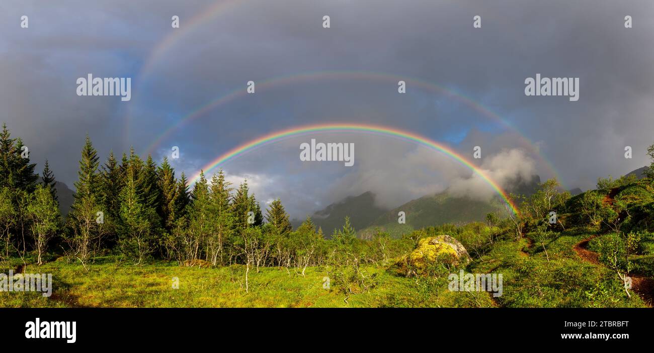 Arcobaleno su un paesaggio scandinavo Foto Stock