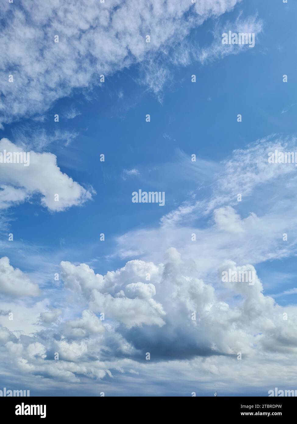 Germania, Meclemburgo-Pomerania Occidentale, penisola Fischland-Darß-Zingst, solo nuvole di bel tempo nel cielo blu di Prerow Foto Stock