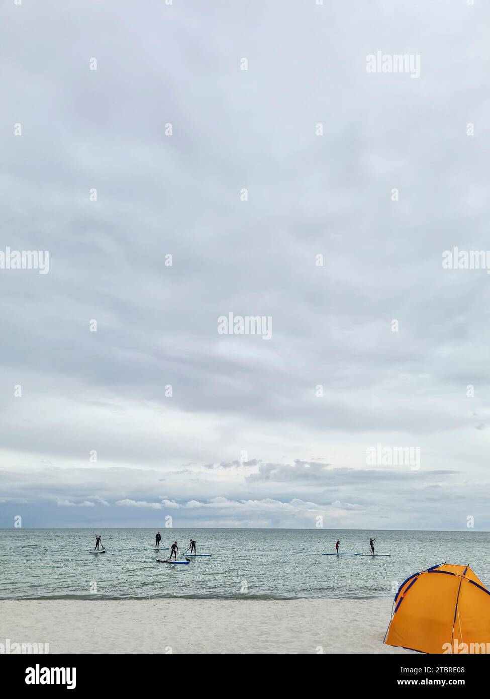 Germania, Meclemburgo-Vorpommern, penisola Fischland-Darß-Zingst, diversi adolescenti su tavole SUP in mare sulla spiaggia di Prerow Foto Stock