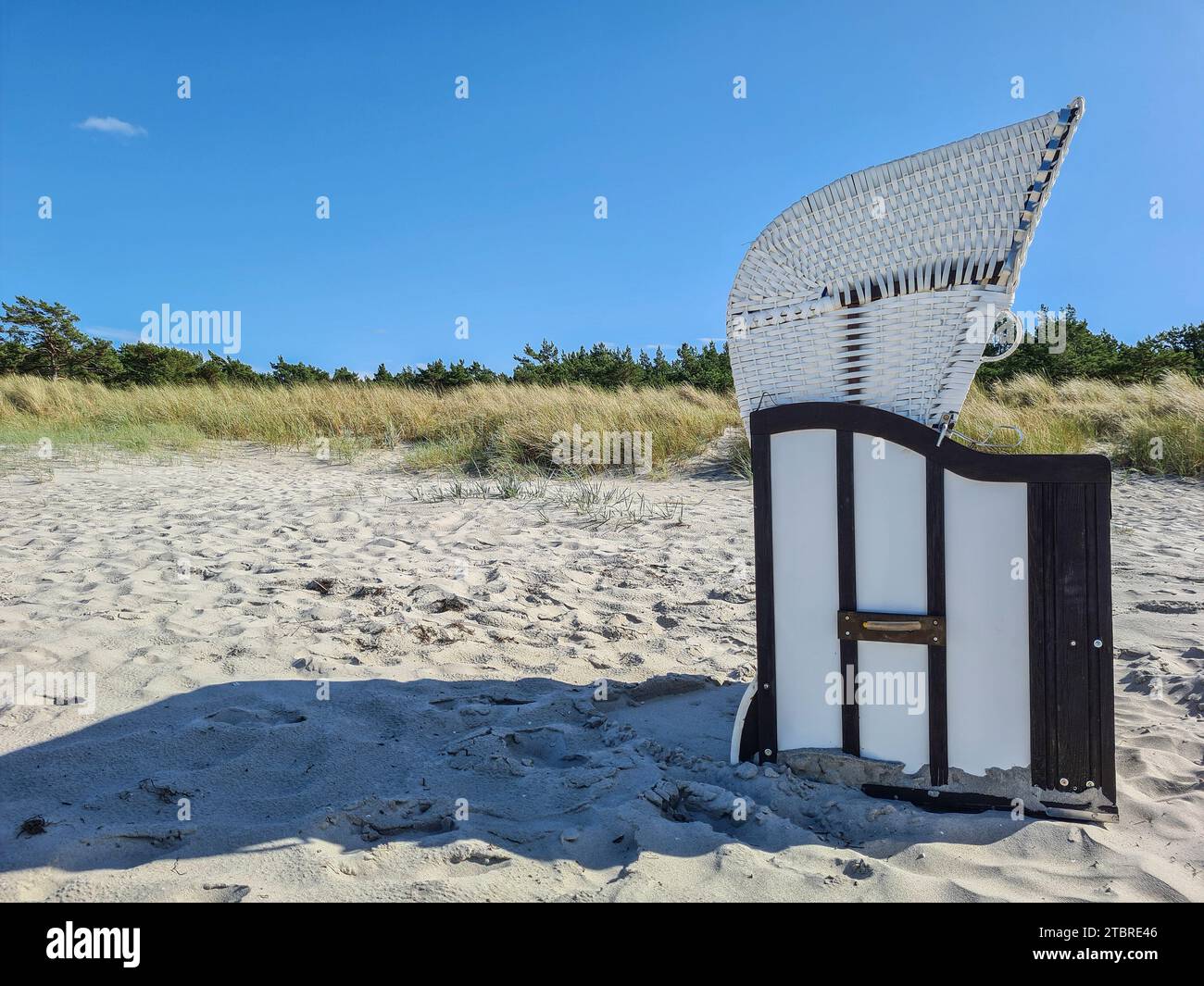 La sdraio bianca si erge alla luce del sole sulla sabbia leggera, giorno estivo a Prerow sul Mar Baltico, penisola di Fischland-Darß-Zingst, Meclemburgo-Pomerania occidentale, Germania Foto Stock