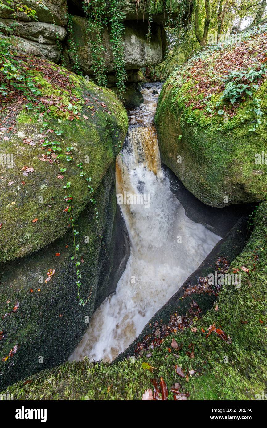 Francia, Bretagna, Huelgoat, cascata le Gouffre tra rocce granitiche mosche nella foresta autunnale di Huelgoat Foto Stock