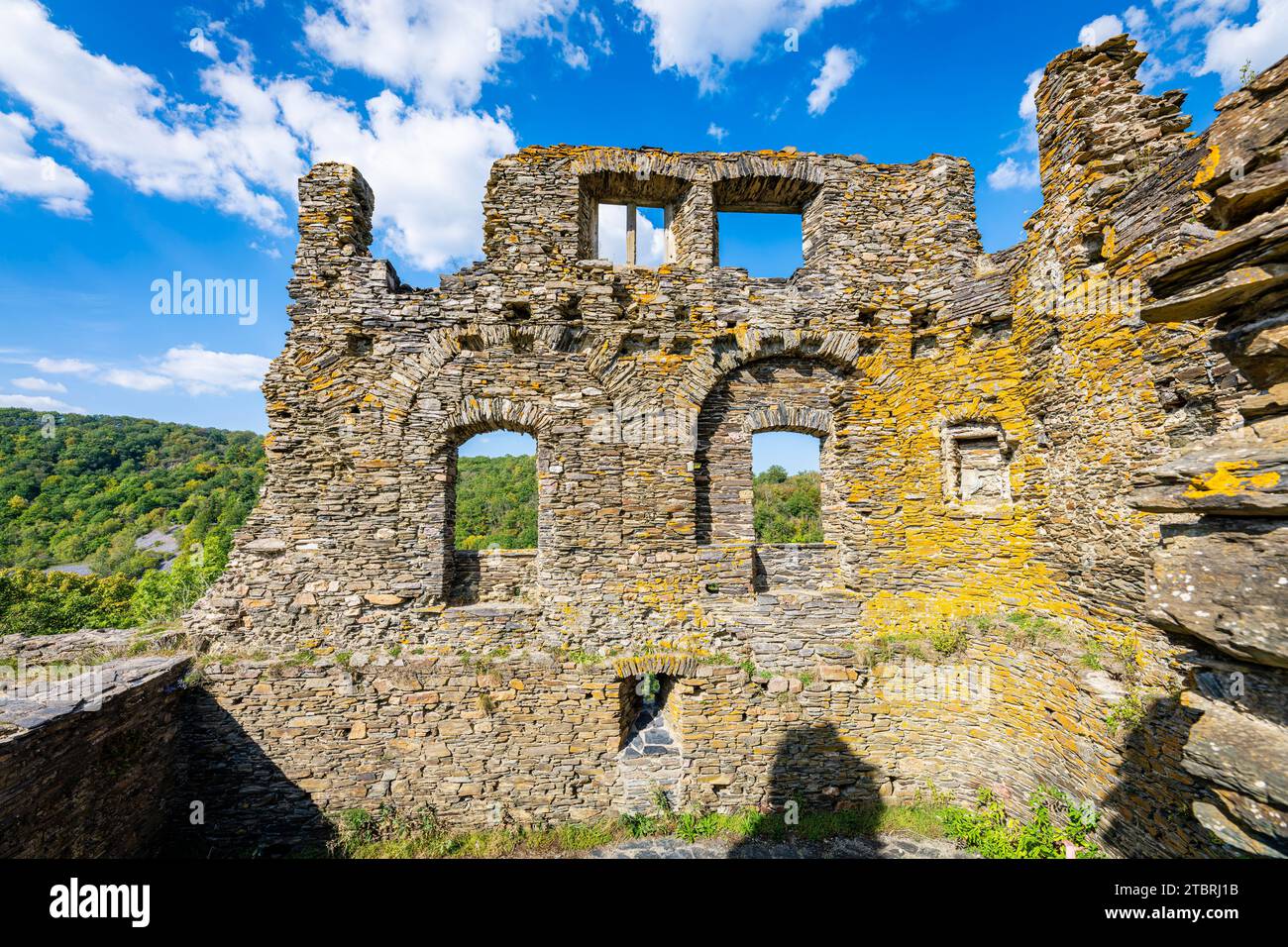 Castello di Schmidtburg nel Hunsrück vicino a Bundenbach nella valle di Hahnenbach, un castello collinare dei Wildgraves e l'arcivescovo Balduin di Treviri, qui il palazzo del castello superiore Foto Stock