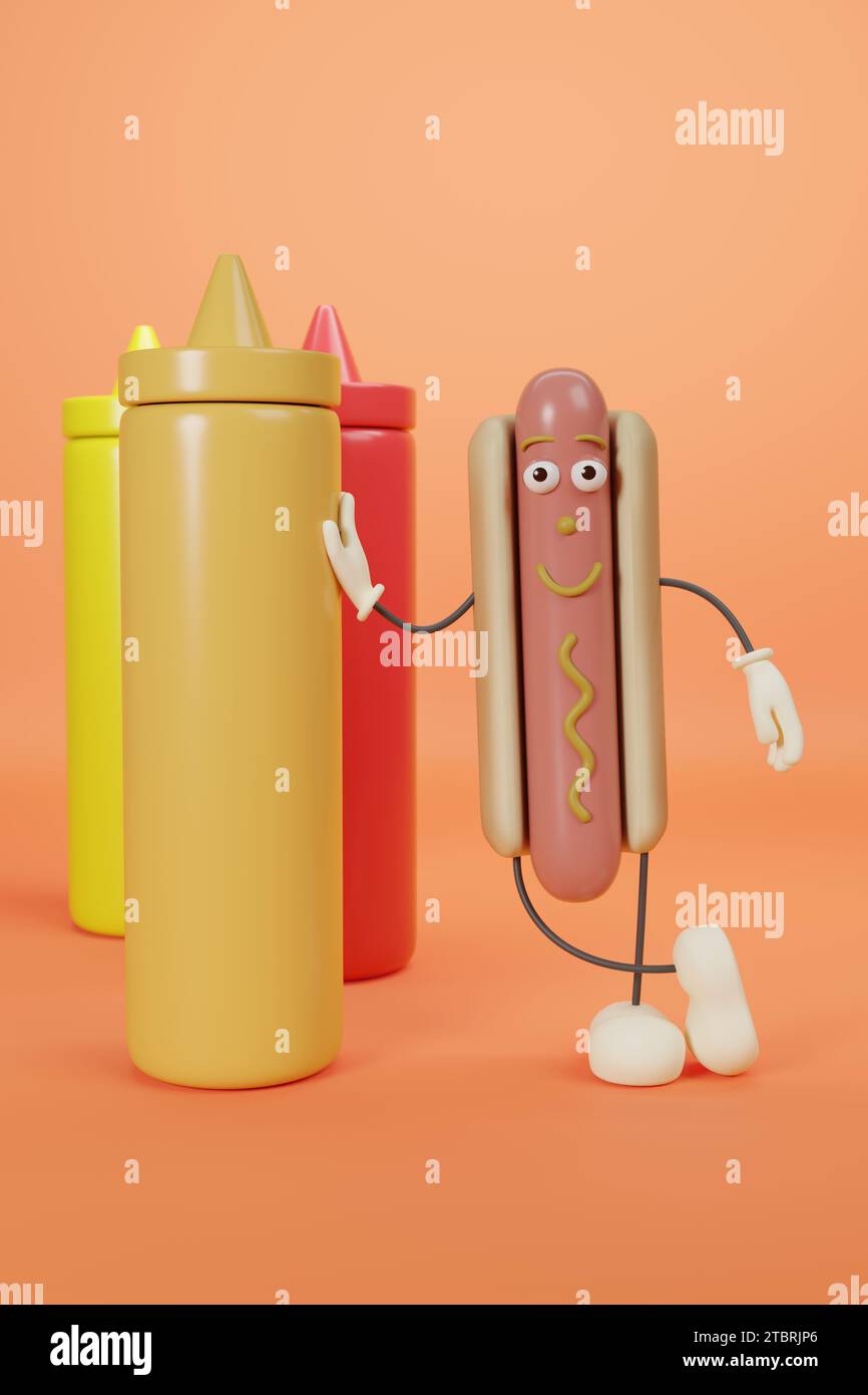 Simpatico personaggio di hot dog dei cartoni animati appoggiato su un contenitore di senape. illustrazione 3d. Foto Stock