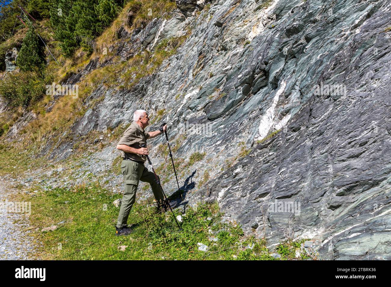 Turista sul sentiero alpino dello Schwarzwand che guarda la roccia della mica verdastra scista, Hochalm, Rauris, Raurisertal, Pinzgau, Salzburger Land, Austria Foto Stock