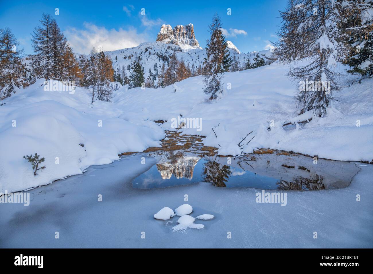 Italia, Veneto, provincia di Belluno, il Monte Averau si riflette in una piscina di acqua ghiacciata, paesaggio invernale vicino al passo Falzarego, Dolomiti Foto Stock
