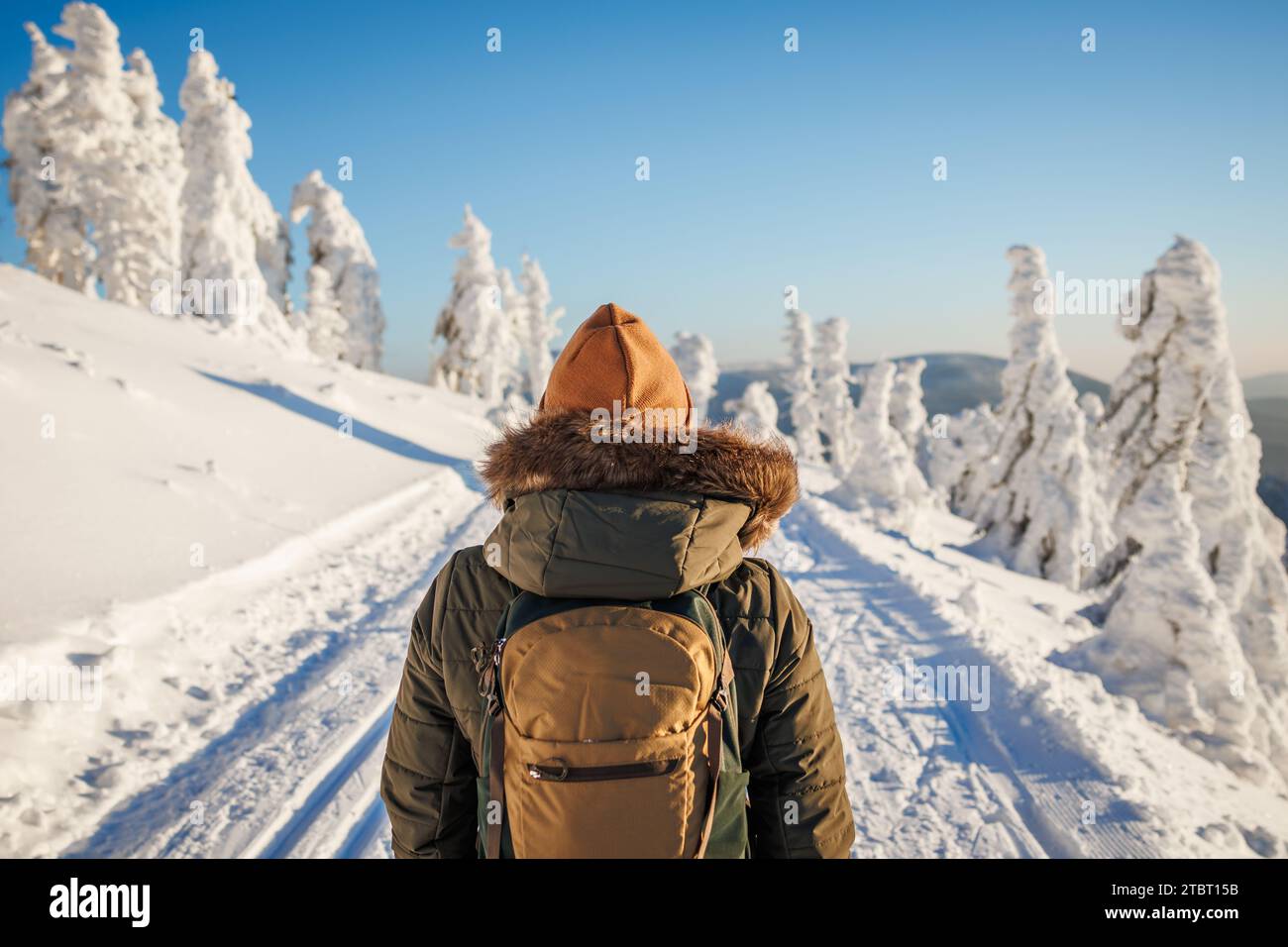 Donna con zaino per escursioni in montagna d'inverno. Camminate nella neve nella natura Foto Stock