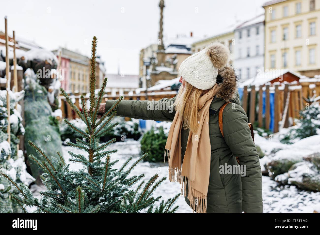 La donna sta scegliendo e comprando l'albero di Natale al mercato equo in città. Preparazione per le vacanze di Natale e Capodanno Foto Stock