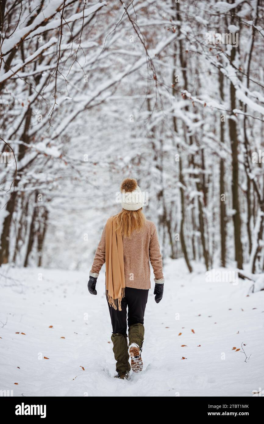 Donna che indossa maglione, cappello in maglia e sciarpa nella foresta di neve. Passeggia nella natura invernale. Foto Stock