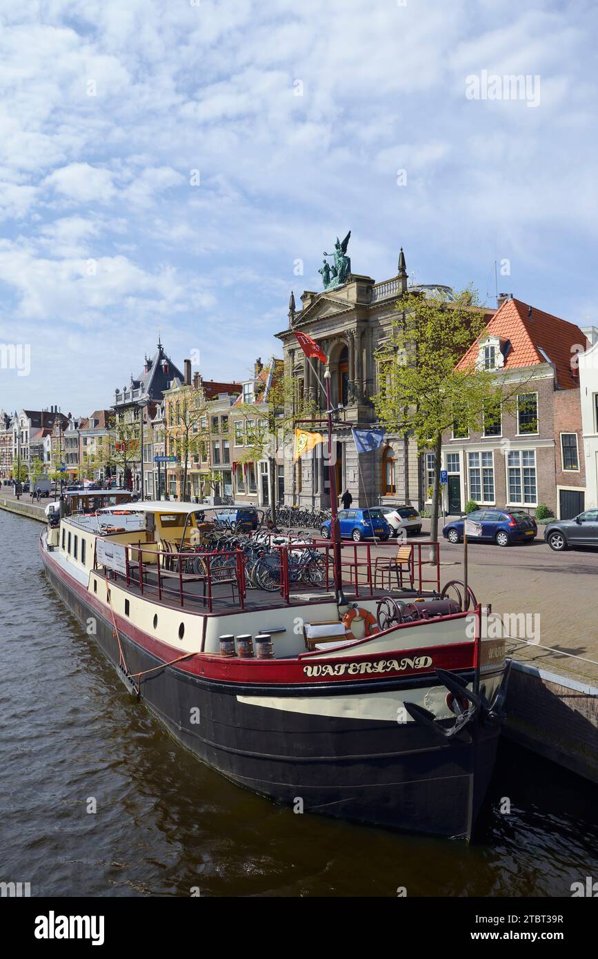 Nave sulla Spaarne di fronte al Teylers Museum, Haarlem, Olanda settentrionale, Paesi Bassi Foto Stock