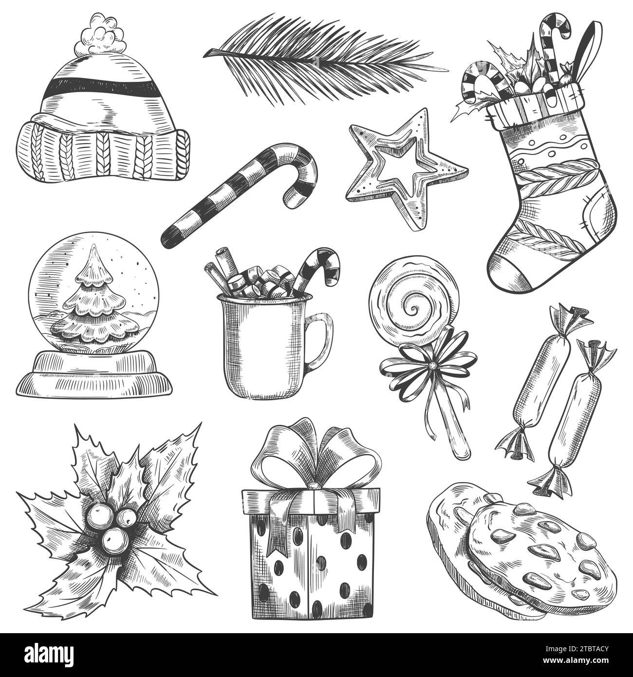 Set di biscotti, cappello, calza, pallina di vetro, bevanda calda, regalo, holly holly Sketch style Illustrazione Vettoriale