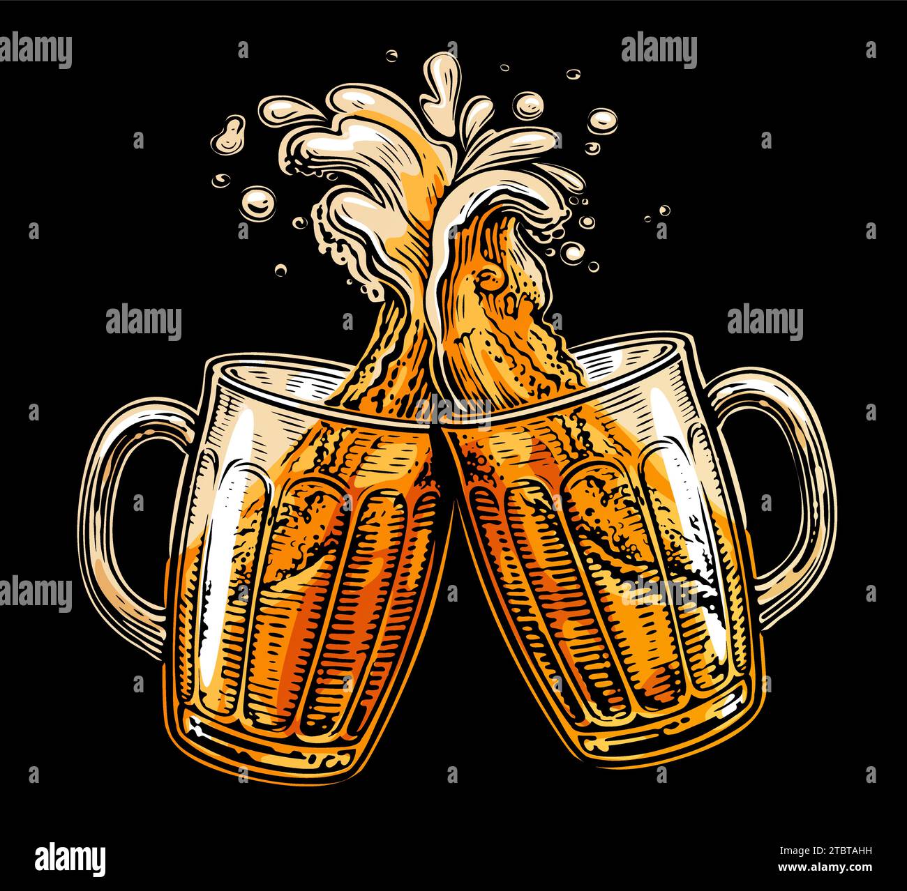 Due tazze da birra tostate. Saluti, cisterne di vetro piene di birra e schiuma spruzzata Illustrazione Vettoriale