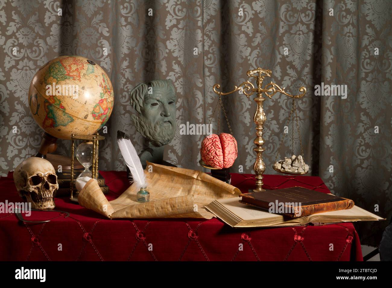 Studio vittoriano con teschio, Antique Globe, manufatti accademici e cervello in scala con rocce Foto Stock