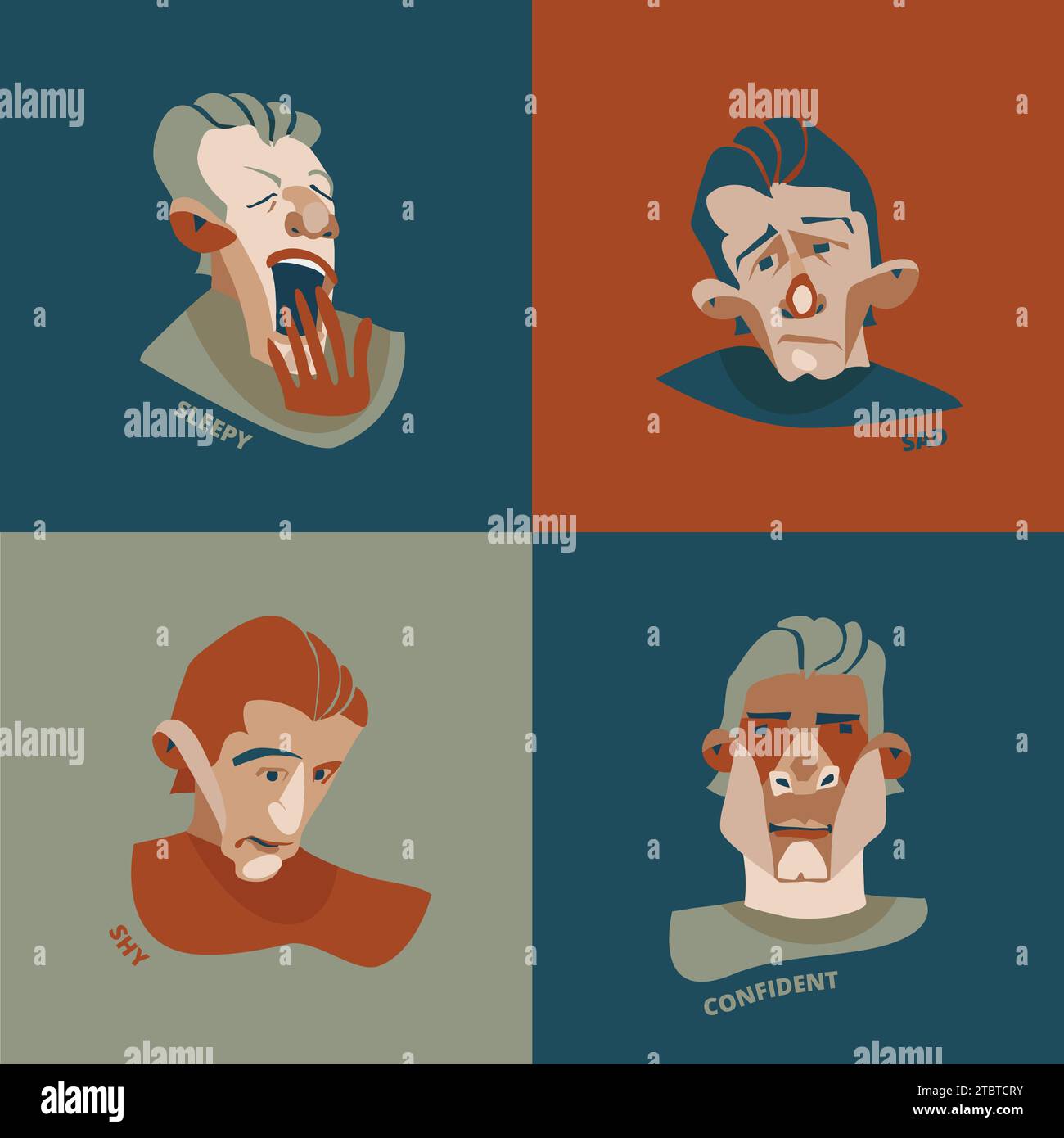 Volti disegnati a mano con diversi set di vettori di emozioni. Illustrazione piatta e colorata modificabile. Illustrazione Vettoriale