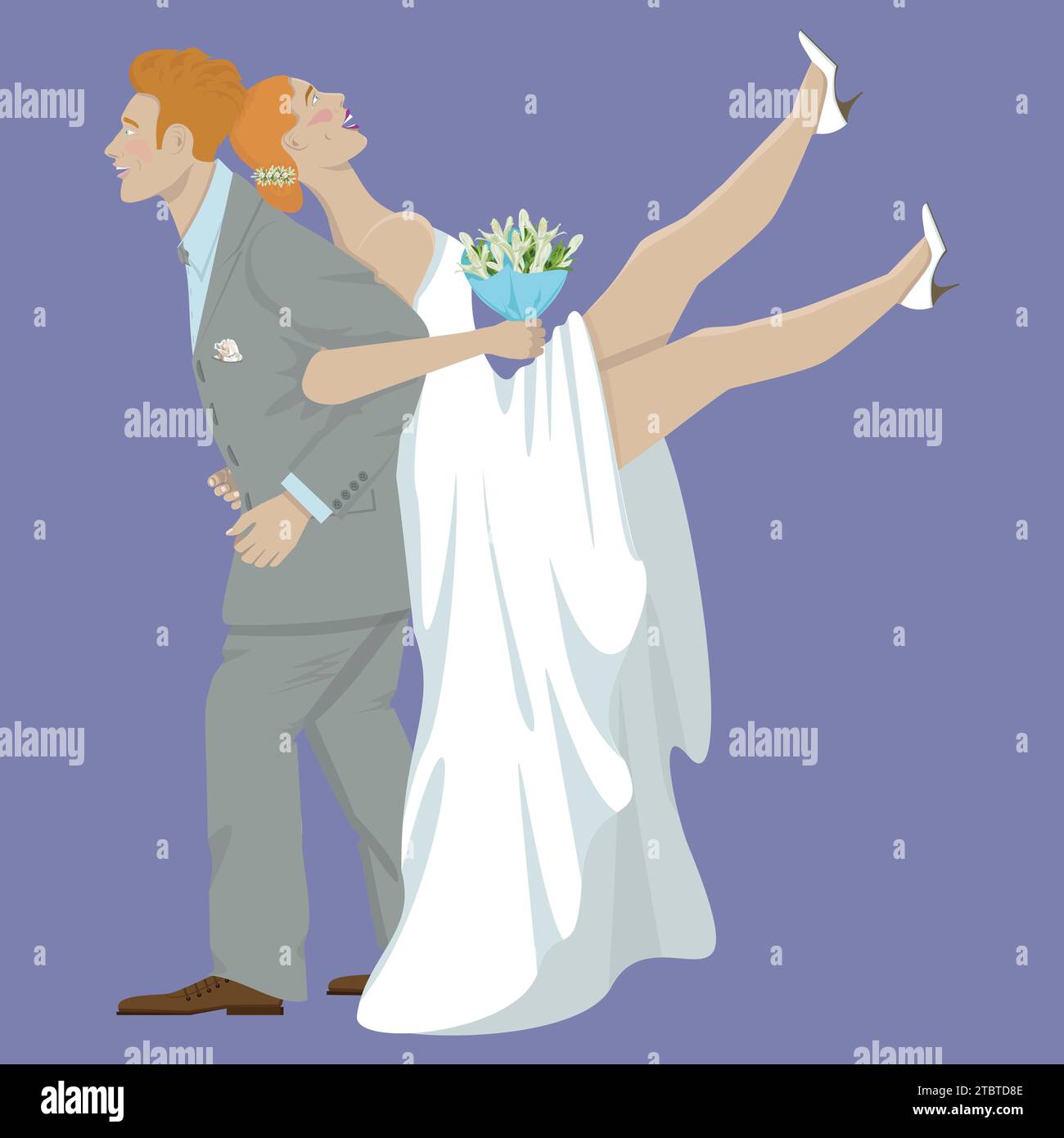 Sposo e sposo felici che si divertono e ridono, in posa per le foto su sfondo viola Illustrazione Vettoriale