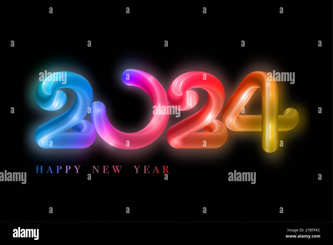 Felice anno nuovo 2024 con cannuccia colorata al neon. Happy Holiday numeri luminosi festivi brillanti in design multicolore, illustrazione vettoriale isolata Illustrazione Vettoriale