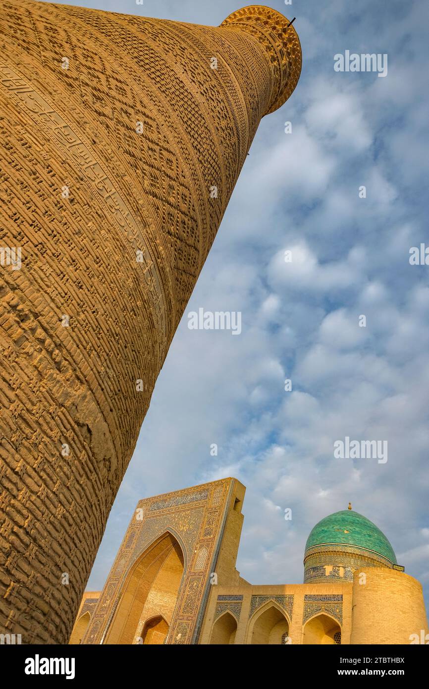 Bukhara, Uzbekistan - 8 dicembre 2023: Vista del Minareto di Kalyan e della Madrasa Mir-i-Arab nel centro di Bukhara in Uzbekistan. Foto Stock