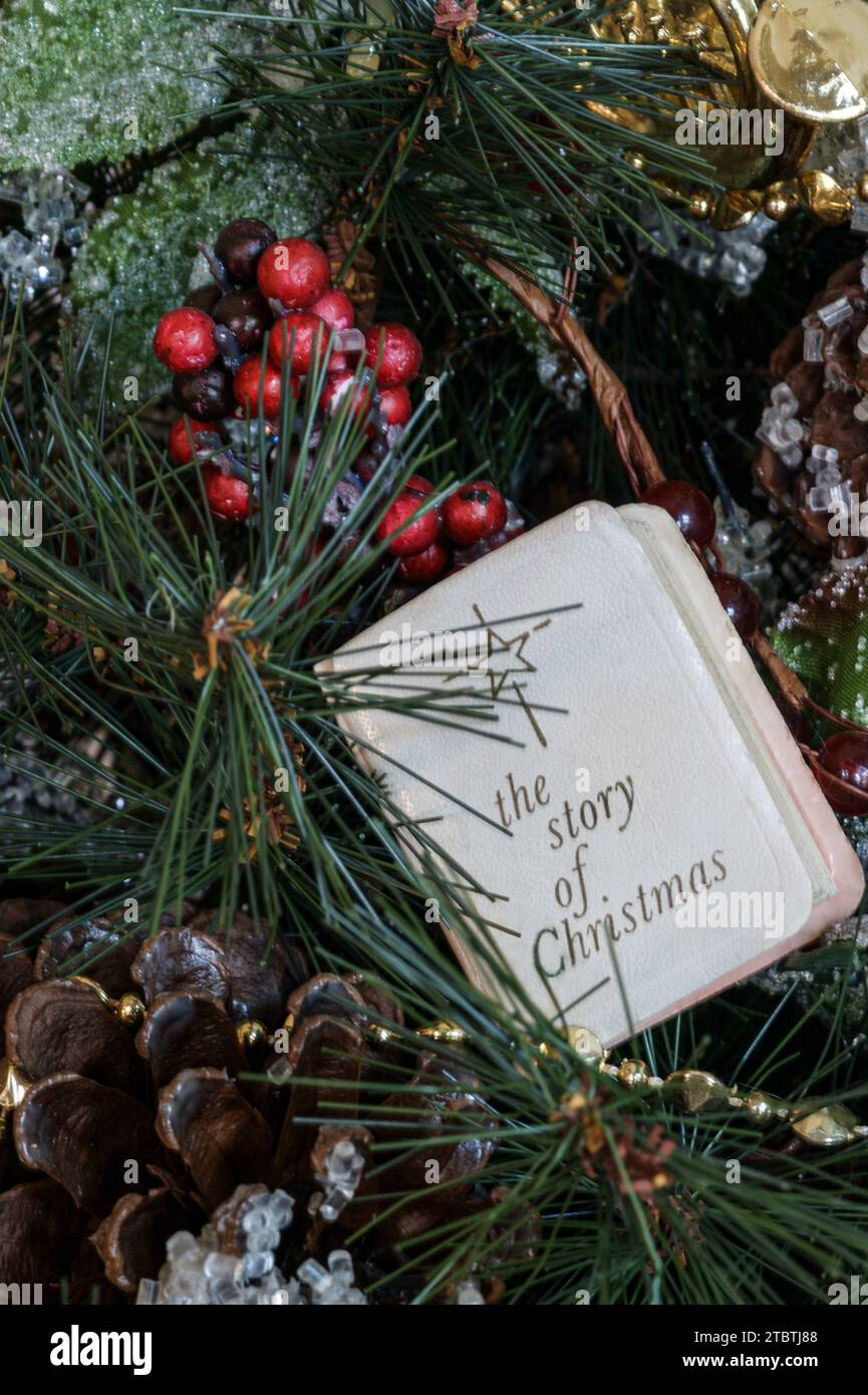 La vera storia del Natale in un piccolo libro bianco con una stella in cima è esposta sui rami degli alberi di Natale finti con bacche di holly e coni di pino. Foto Stock