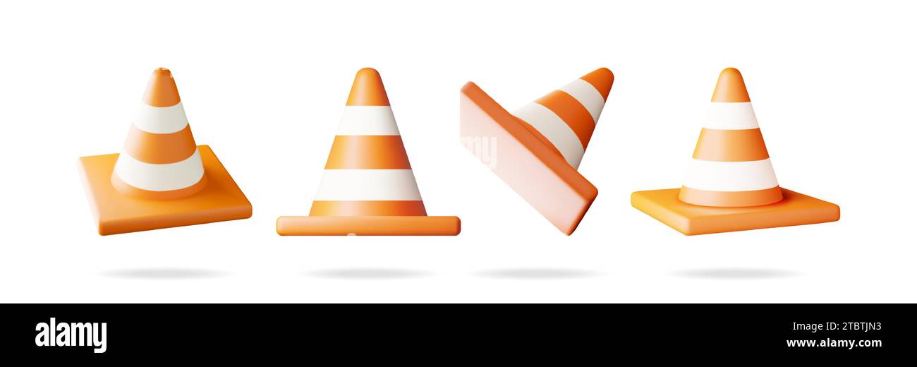 Set di icone del cono di traffico 3D. Illustrazione Vettoriale