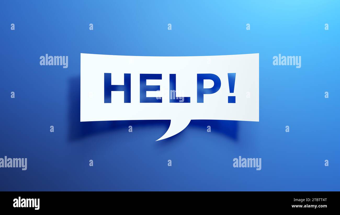 Bolla del discorso. Aiuto! Messaggio. Una richiesta di aiuto o di attenzione per un problema. Design minimalista astratto con carta bianca ritagliata su sfondo blu. Foto Stock