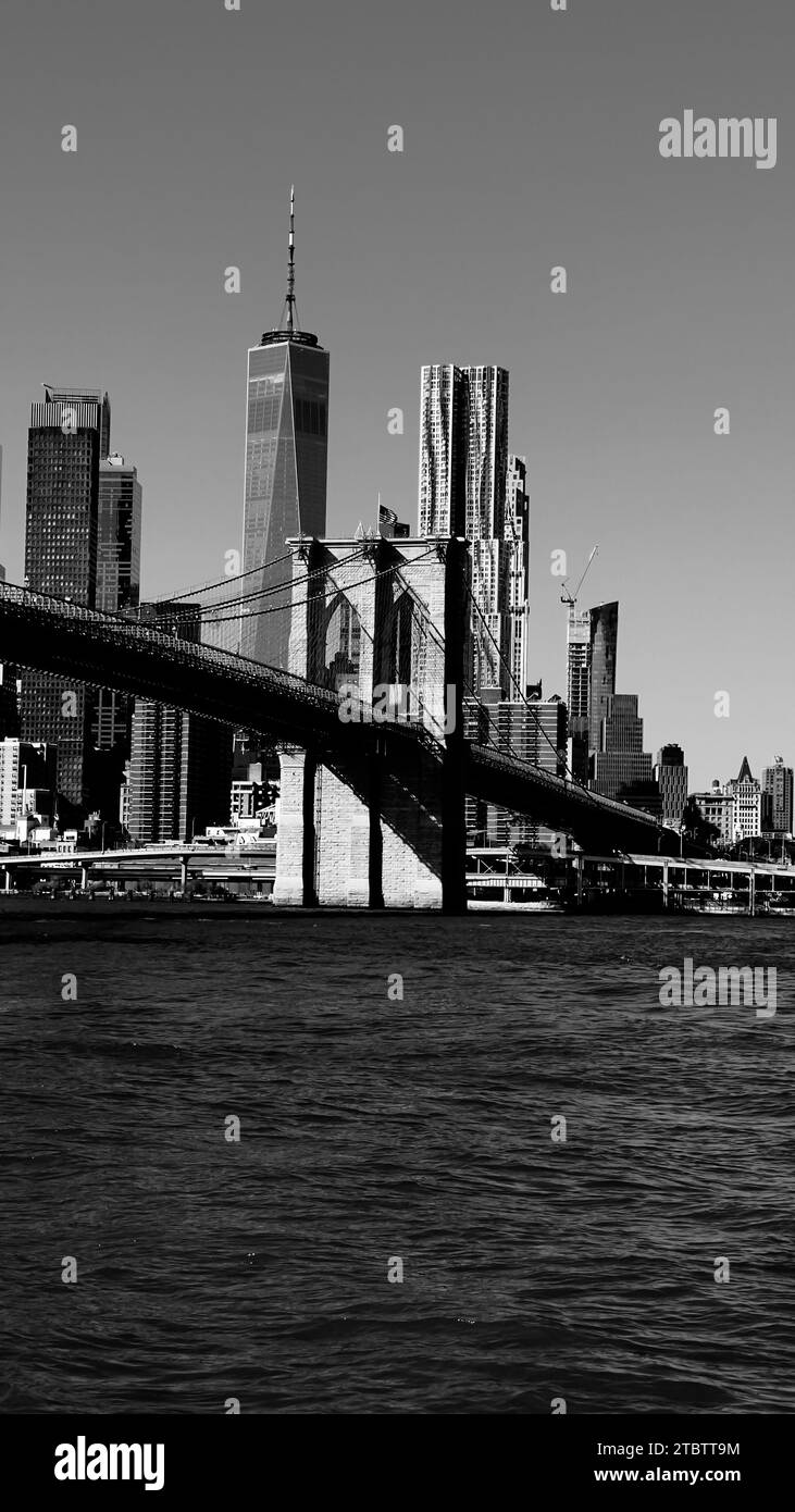 New York City, NY: Novembre 1,2023: Vista panoramica dello skyline di Manhattan scattata dall'altra parte del fiume Hudson dal Brooklyn Bridge Park Foto Stock