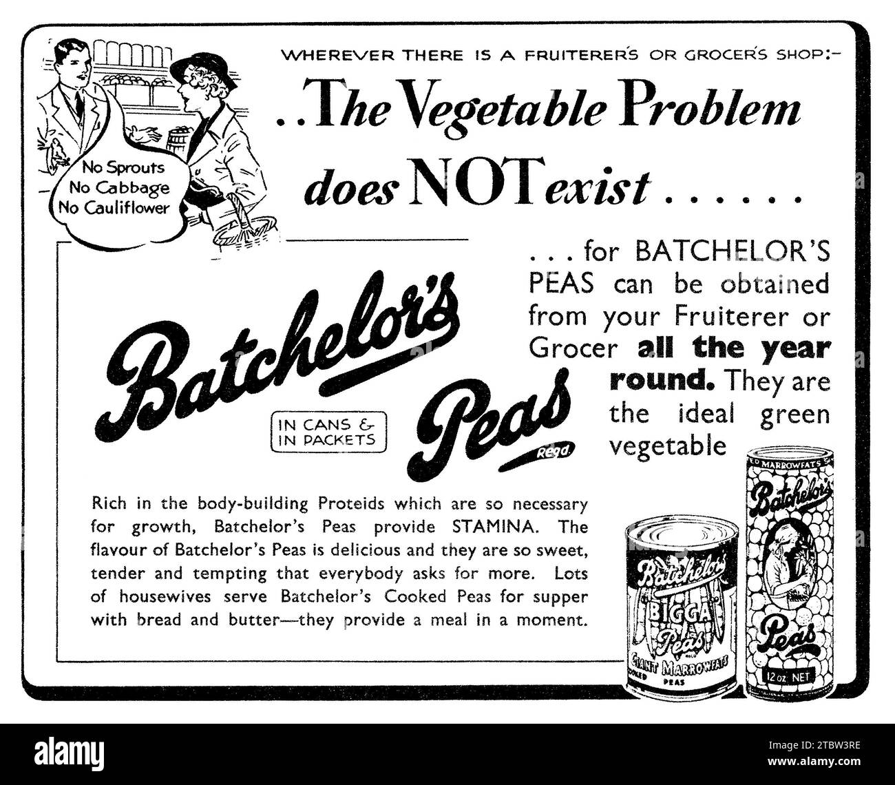 1939 pubblicità britannica per i piselli in scatola di Batchelor. Foto Stock