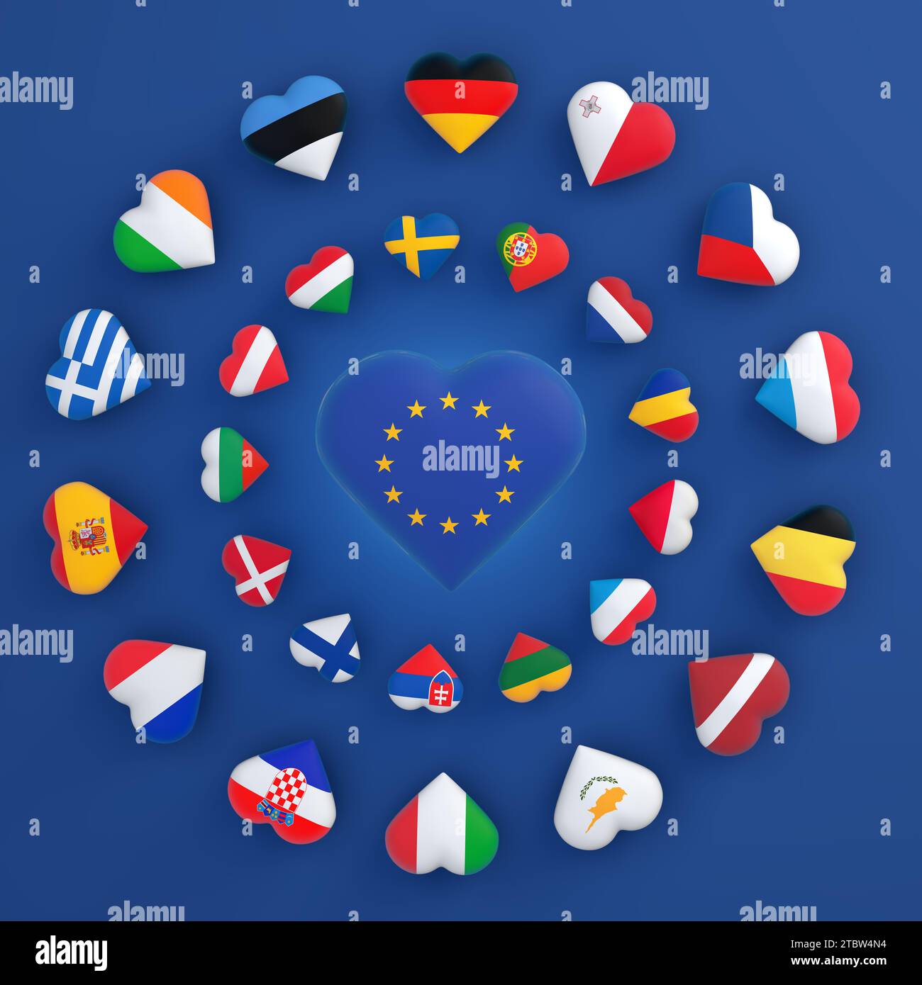 Bandiere di tutti i paesi dell'Unione europea a forma di cuore. La bandiera dell'Unione europea e dei 27 paesi membri dell'Unione. Foto Stock