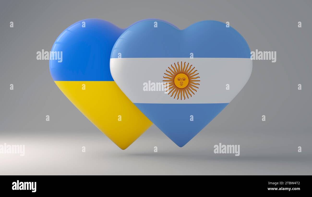 Simbolo di stato di Ucraina e Argentina su badge lucidi. Rendering 3D. Foto Stock