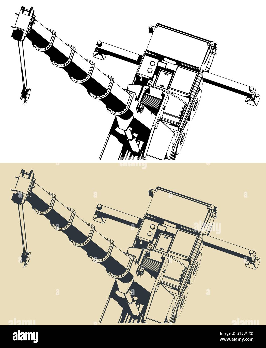 Illustrazione vettoriale stilizzata della gru mobile con potente braccio telescopico lungo da vicino Illustrazione Vettoriale