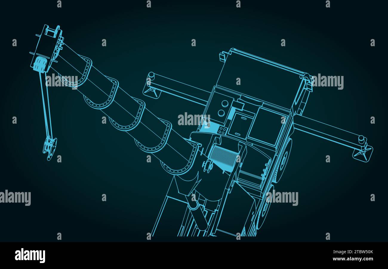 Illustrazione vettoriale stilizzata della gru mobile con potente braccio telescopico lungo da vicino Illustrazione Vettoriale