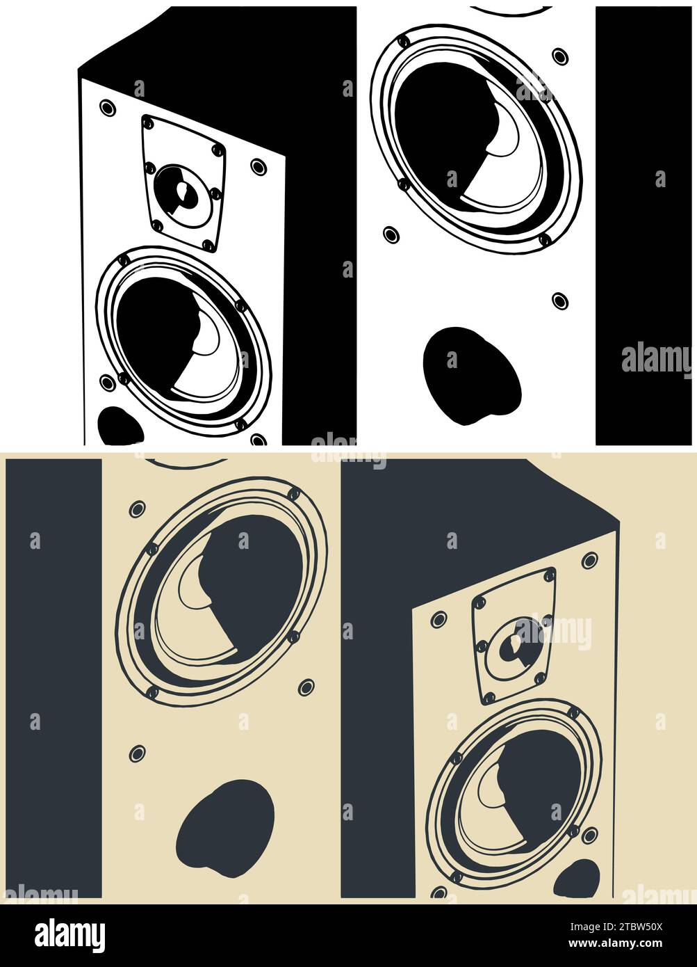 Illustrazioni vettoriali stilizzate dei sistemi di altoparlanti Hi-fi in primo piano Illustrazione Vettoriale