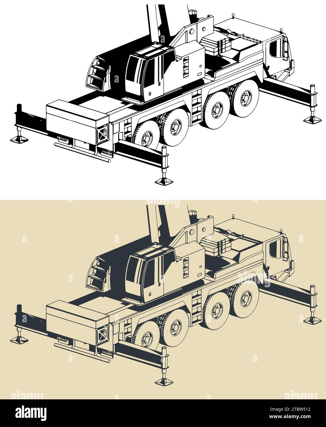 Illustrazione vettoriale stilizzata della gru mobile con potente braccio telescopico lungo da vicino Illustrazione Vettoriale