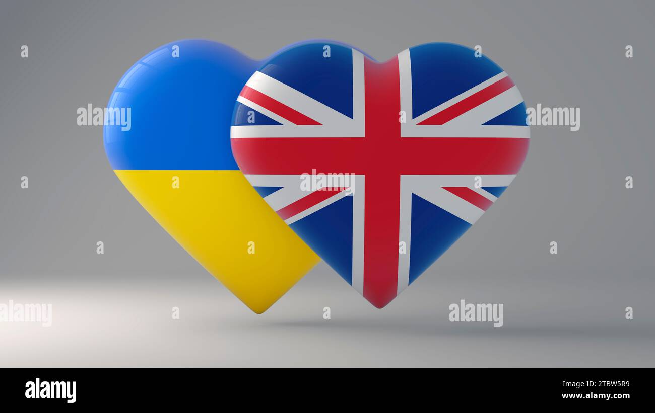 Simbolo di stato dell'Ucraina e della Gran Bretagna su badge lucidi. Foto Stock