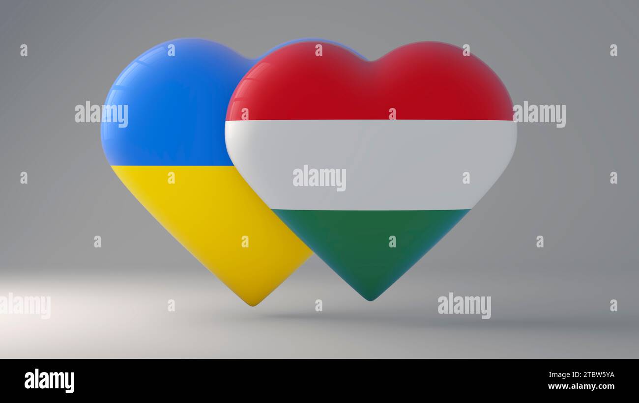 Simbolo di stato di Ucraina e Ungheria su badge lucidi. Rendering 3D. Foto Stock