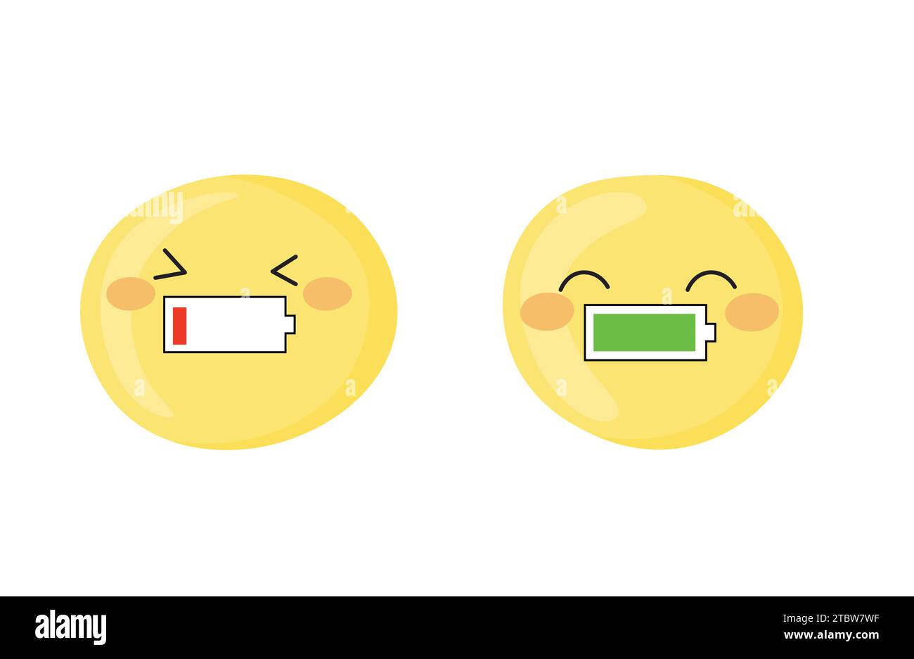 Emoji carino divertente e arrabbiato. Illustrazioni della batteria scarica e carica. Illustrazione Vettoriale