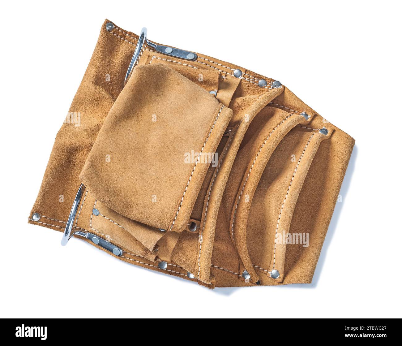 Cintura portautensili vuota in pelle scamosciata isolata su bianco Foto Stock
