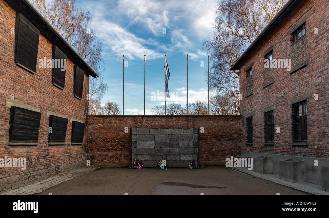 Una foto del muro della morte di Auschwitz i Foto Stock