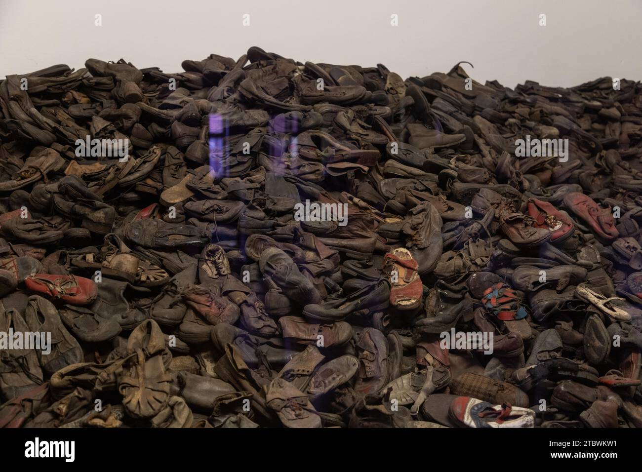 Una foto di una mostra all'interno del Memorial and Museum Auschwitz i che mostra una collezione di scarpe dei prigionieri Foto Stock