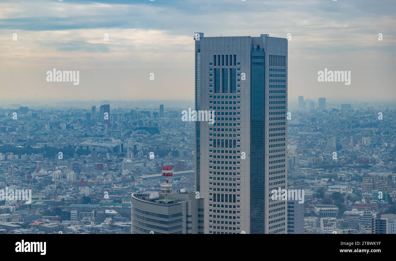 Una foto di un alto edificio che si affaccia sul resto di Tokyo Foto Stock