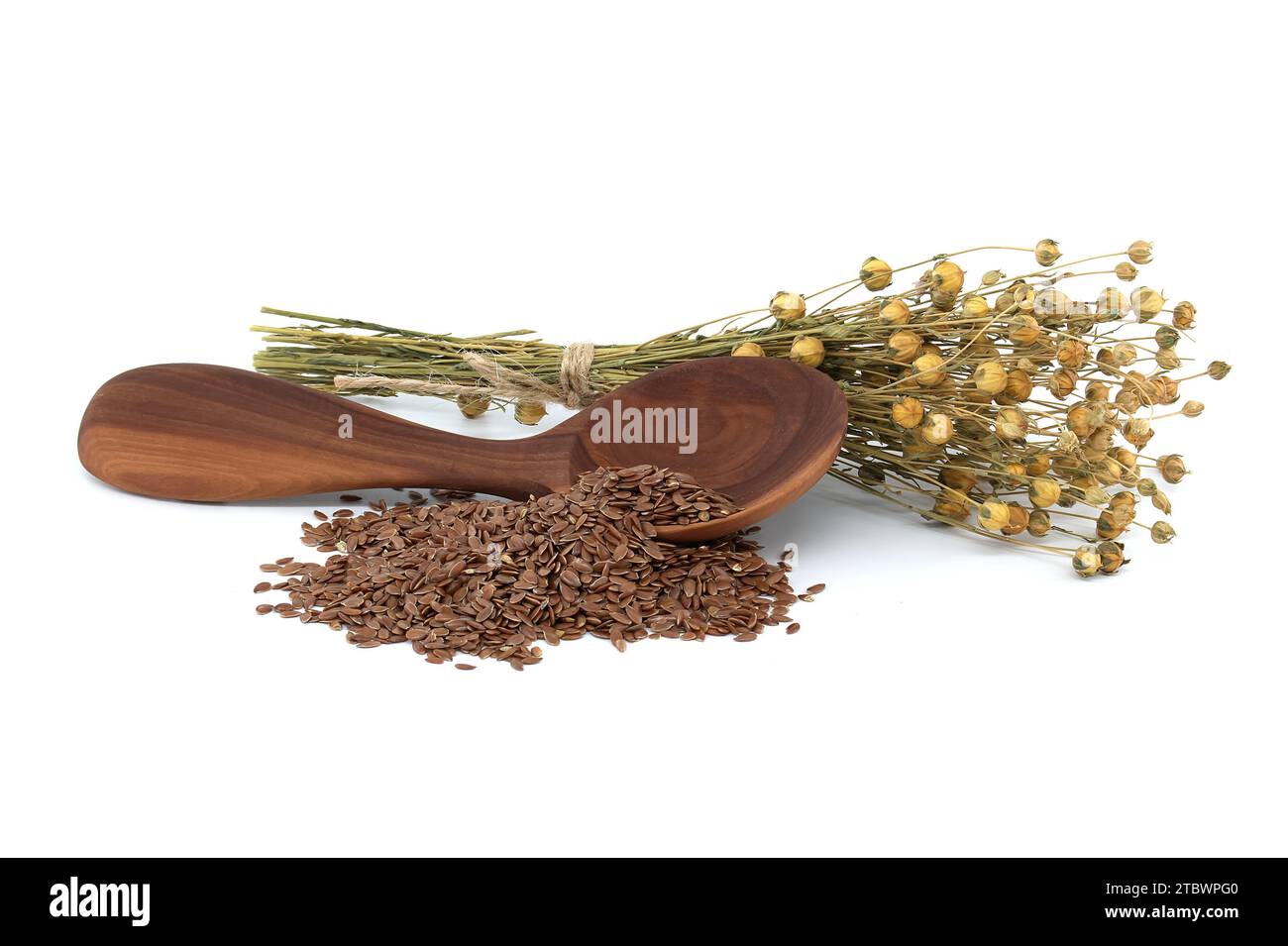 Semi di lino in cucchiaio di legno vicino a mazzo di piante di lino isolate su fondo bianco. Linum usitatissimum (lino comune) Foto Stock