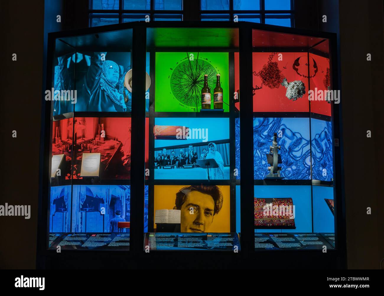 Una foto di una cassa di vetro contenente oggetti legati alla storia del Museo del Premio Nobel Foto Stock