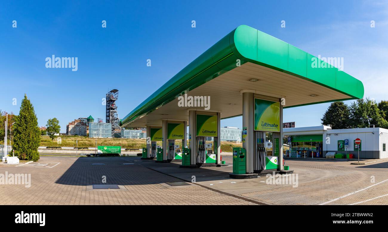 Immagine panoramica di una stazione di servizio BP Foto Stock