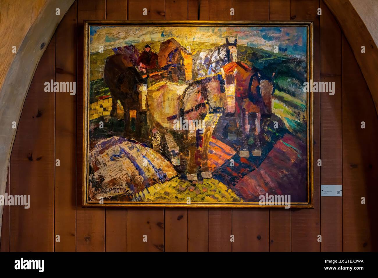 "The Team", un dipinto ad olio modernista di C.S. Price appeso nella lobby principale, Timberline Lodge sul Monte Hood, Mt. Hood National Forest, Oregon, USA Foto Stock