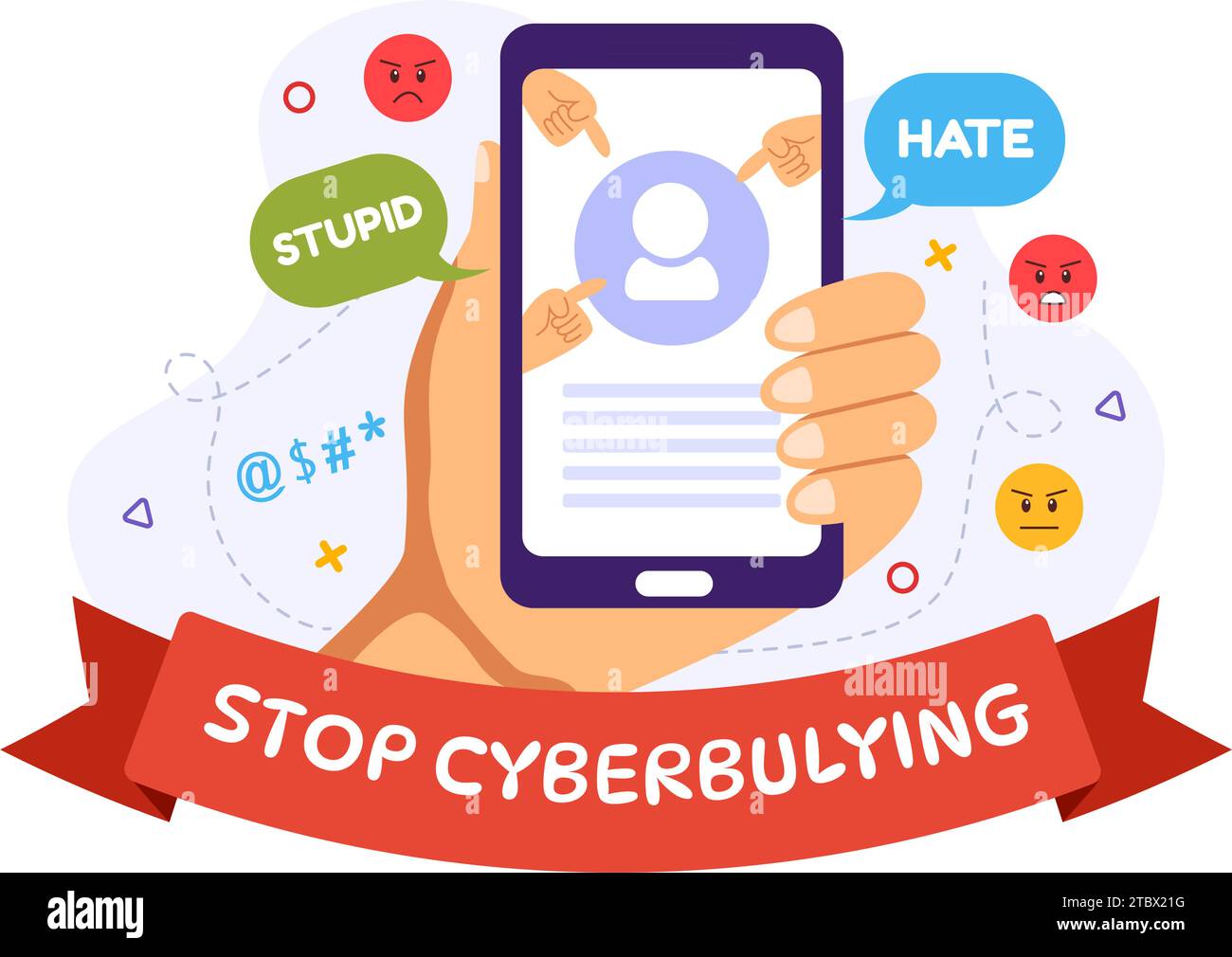 Stop al cyberbullismo illustrazione vettoriale di Haters Online con Internet bullying, trolling e incitamento all'odio in Flat Cartoon background Design Illustrazione Vettoriale