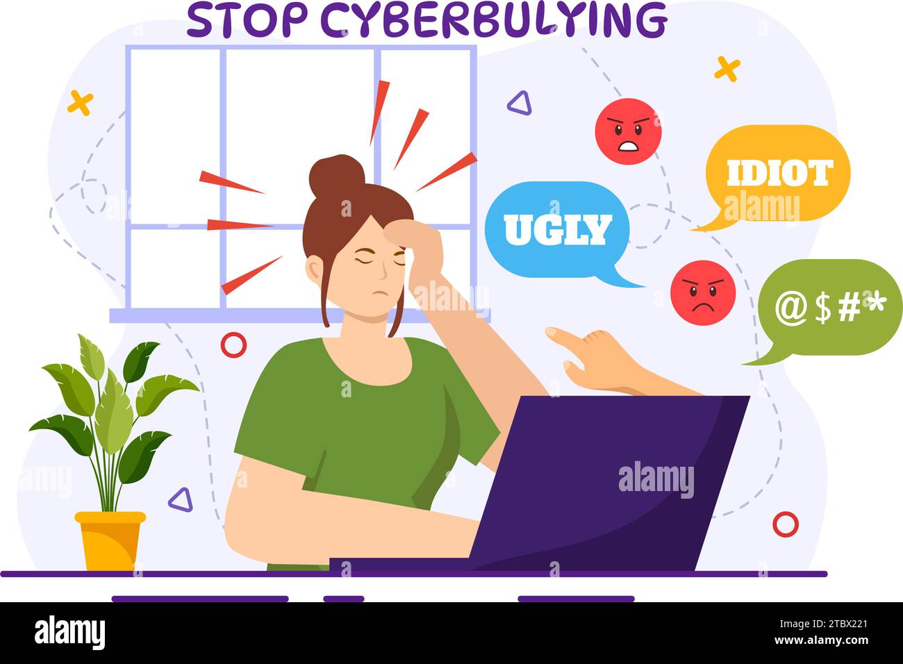 Stop al cyberbullismo illustrazione vettoriale di Haters Online con Internet bullying, trolling e incitamento all'odio in Flat Cartoon background Design Illustrazione Vettoriale