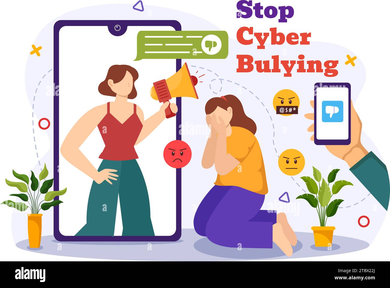 Stop al cyberbullismo illustrazione vettoriale di Haters Online con Internet bullying, trolling e incitamento all'odio in Flat Cartoon background Design Illustrazione Vettoriale