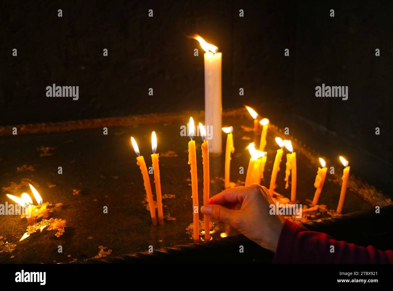 Mano di una donna che mette la candela illuminata nel supporto della candela votiva all'interno della Chiesa Foto Stock