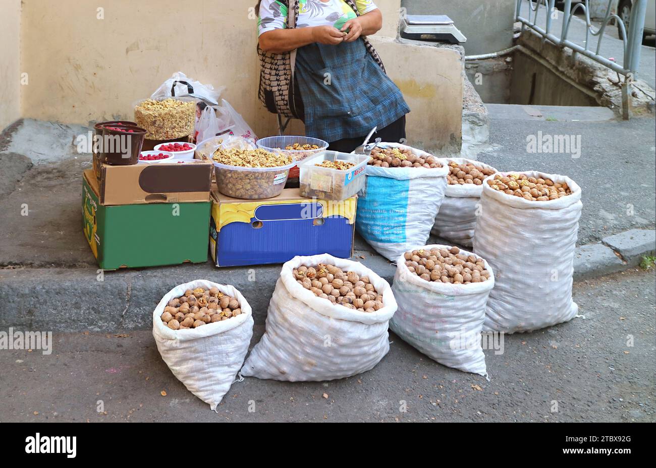 Stallo di kernel di noce grezze in vendita a Yerevan, Armenia Foto Stock